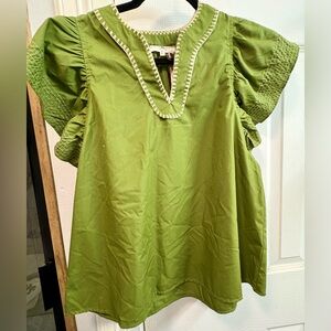 entro Olive Green Embroidered V-Neck Ruffle Sleeve Tunic